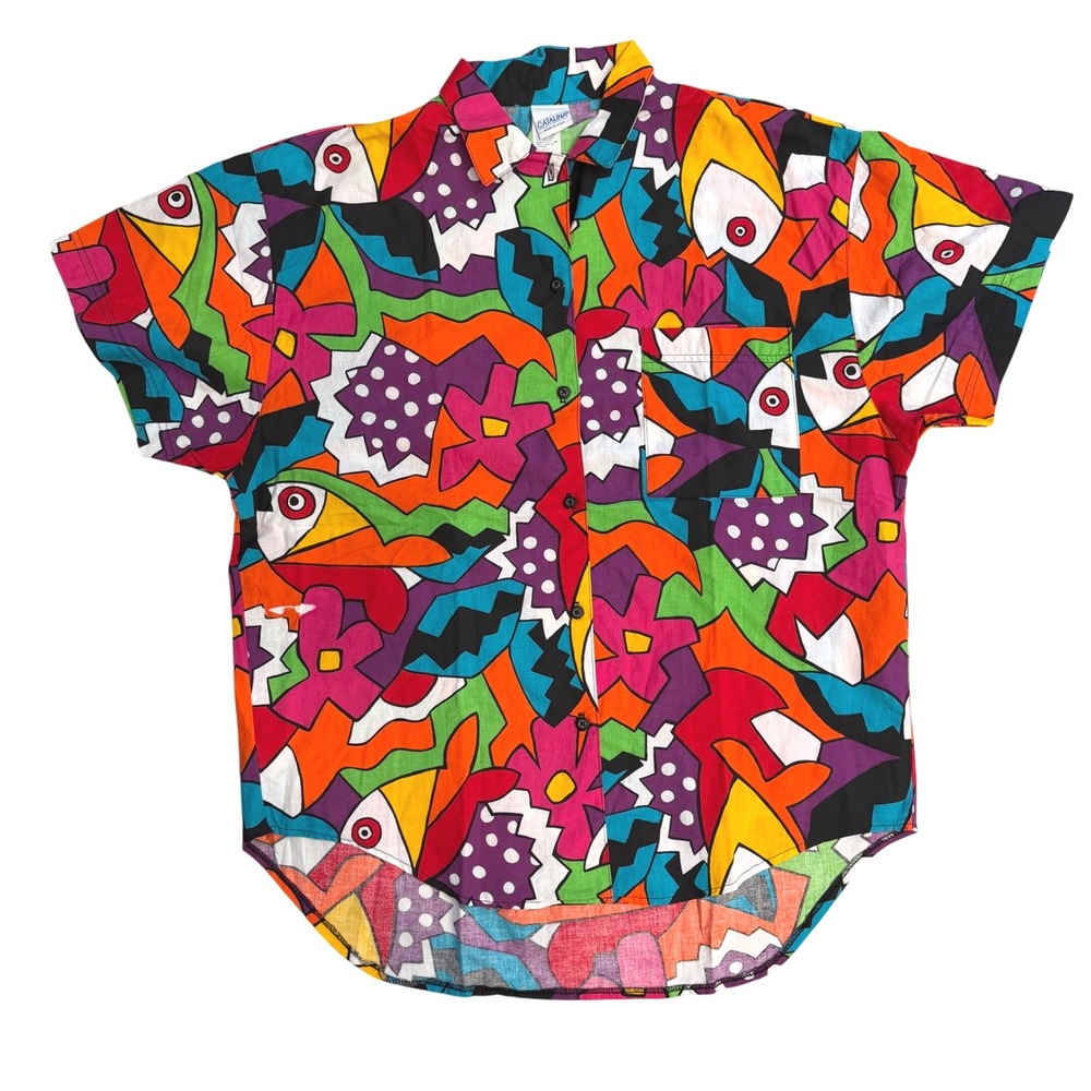 Vintage Catalina Abstract Fish Floral Print Button Down Shirt Multicolor XL USA